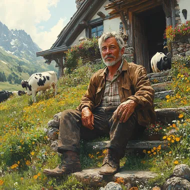 A hyper-realistic, cinematic scene depicting a large, rustic house situated on an expansive farm, surrounded by lush nature and grazing animals including cows and oxen. In front of the house, a modest staircase with a few steps leads up to the entrance. A middle-aged farmer, ethnically diverse, sits on one of the steps, showcasing a tired yet contemplative demeanor. His posture is slouched, with one arm resting on his knee and the other supporting his chin, reflecting a thoughtful and somewhat doubtful expression as he gazes into the distance, pondering the future. His attire consists of a weathered, brown work jacket over a simple plaid shirt, paired with faded blue jeans and sturdy boots, emphasizing his hardworking lifestyle. The environment is bathed in the warm light of a beautiful sunny day, with a vibrant blue sky dotted with fluffy white clouds. The scene captures intricate details, from the texture of the farmer's weathered hands to the nuanced shadows cast by the staircase and house. The composition highlights the vastness of the farm and the solitude of the farmer, creating a poignant, atmospheric moment. ultra realistic, a lot of details, 8k, cinematic lights, cinematic colors  --s 1000