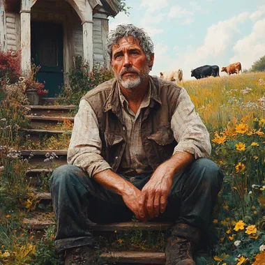 A hyper-realistic, cinematic scene depicting a large, rustic house situated on an expansive farm, surrounded by lush nature and grazing animals including cows and oxen. In front of the house, a modest staircase with a few steps leads up to the entrance. A middle-aged farmer, ethnically diverse, sits on one of the steps, showcasing a tired yet contemplative demeanor. His posture is slouched, with one arm resting on his knee and the other supporting his chin, reflecting a thoughtful and somewhat doubtful expression as he gazes into the distance, pondering the future. His attire consists of a weathered, brown work jacket over a simple plaid shirt, paired with faded blue jeans and sturdy boots, emphasizing his hardworking lifestyle. The environment is bathed in the warm light of a beautiful sunny day, with a vibrant blue sky dotted with fluffy white clouds. The scene captures intricate details, from the texture of the farmer's weathered hands to the nuanced shadows cast by the staircase and house. The composition highlights the vastness of the farm and the solitude of the farmer, creating a poignant, atmospheric moment. ultra realistic, a lot of details, 8k, cinematic lights, cinematic colors  --s 1000