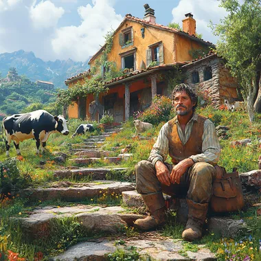 A hyper-realistic, cinematic scene depicting a large, rustic house situated on an expansive farm, surrounded by lush nature and grazing animals including cows and oxen. In front of the house, a modest staircase with a few steps leads up to the entrance. A middle-aged farmer, ethnically diverse, sits on one of the steps, showcasing a tired yet contemplative demeanor. His posture is slouched, with one arm resting on his knee and the other supporting his chin, reflecting a thoughtful and somewhat doubtful expression as he gazes into the distance, pondering the future. His attire consists of a weathered, brown work jacket over a simple plaid shirt, paired with faded blue jeans and sturdy boots, emphasizing his hardworking lifestyle. The environment is bathed in the warm light of a beautiful sunny day, with a vibrant blue sky dotted with fluffy white clouds. The scene captures intricate details, from the texture of the farmer's weathered hands to the nuanced shadows cast by the staircase and house. The composition highlights the vastness of the farm and the solitude of the farmer, creating a poignant, atmospheric moment. ultra realistic, a lot of details, 8k, cinematic lights, cinematic colors  --s 1000