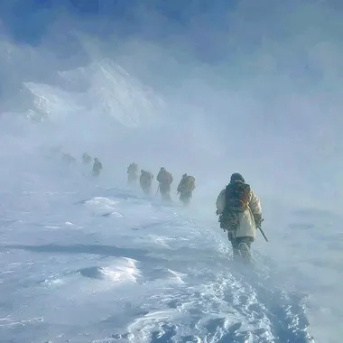 photorealistic Pamir five mountaineers go strong wind and blizzard snowfall USSR 1974 year