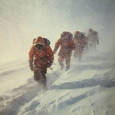 photorealistic Pamir five mountaineers go strong wind and blizzard snowfall USSR 1974 year