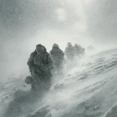 photorealistic Pamir five mountaineers go strong wind and blizzard snowfall USSR 1974 year