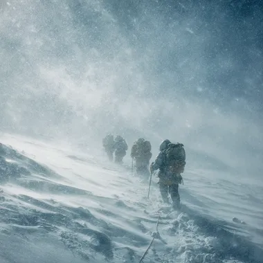 photorealistic Pamir five mountaineers go strong wind and blizzard snowfall USSR 1974 year