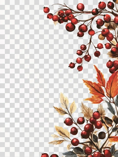 Rustic Berry And Leaf Corner Border On White Background