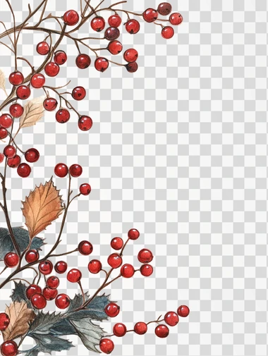 Rustic Berry And Leaf Corner Border On White Background