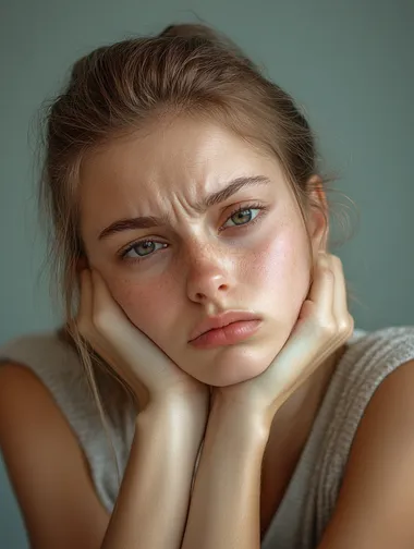 a realistic headshot photo of a woman who is bored and sleepy, she looks very unhappy because she is so bored