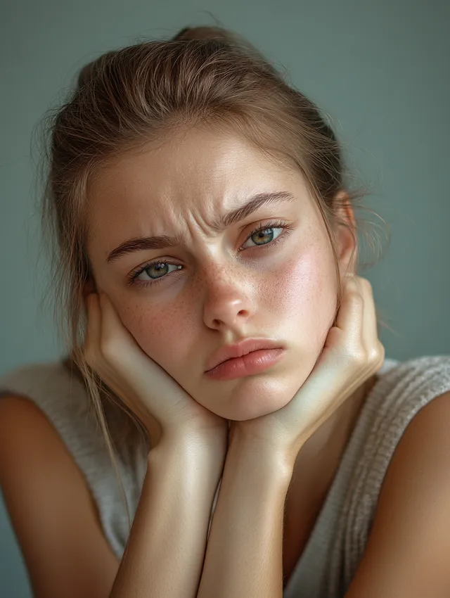 Bored and Sleepy Woman in Headshot Photo with Hands on Face