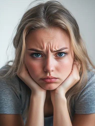a realistic headshot photo of a woman who is bored and sleepy, she looks very unhappy because she is so bored