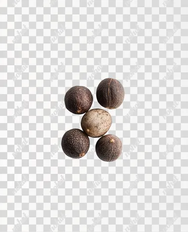 editorial photo of small pile of 5-6 Nutmegs on white background
