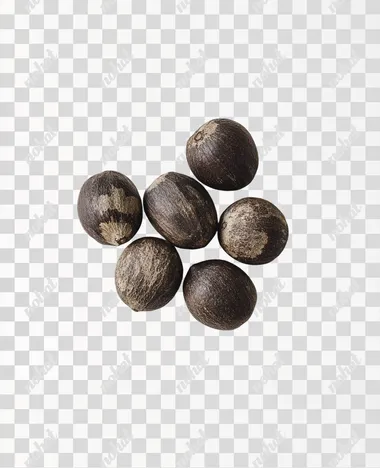 editorial photo of small pile of 5-6 Nutmegs on white background