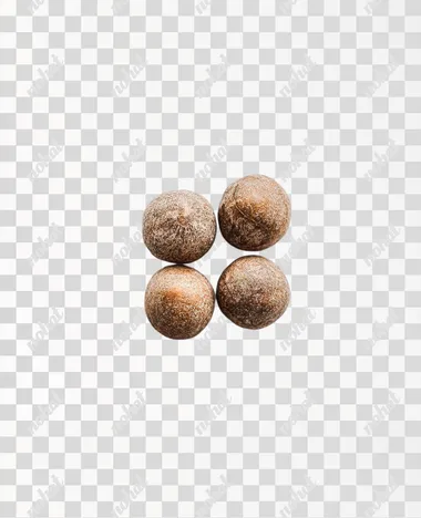 editorial photo of small pile of 5-6 Nutmegs on white background