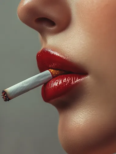 Fine detail looking down the lens Smooth skin texture Photography Minimalist grey background Masterpiece girl's side face lips peeking from the center Close-up a lit Marlboro cigarette cigarette is a flaming downstroke gesture creating the illusion of three-dimensional space and depth Red lip color stands out against a bright canvas high contrast HD 8K light and shadow To create visual interest a subtle shadow effect is used on one side in realistic high quality