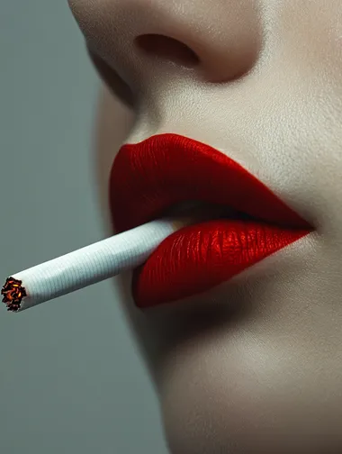 Fine detail looking down the lens Smooth skin texture Photography Minimalist grey background Masterpiece girl's side face lips peeking from the center Close-up a lit Marlboro cigarette cigarette is a flaming downstroke gesture creating the illusion of three-dimensional space and depth Red lip color stands out against a bright canvas high contrast HD 8K light and shadow To create visual interest a subtle shadow effect is used on one side in realistic high quality