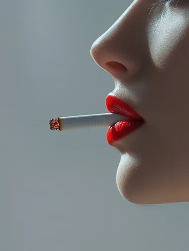 Fine detail looking down the lens Smooth skin texture Photography Minimalist grey background Masterpiece girl's side face lips peeking from the center Close-up a lit Marlboro cigarette cigarette is a flaming downstroke gesture creating the illusion of three-dimensional space and depth Red lip color stands out against a bright canvas high contrast HD 8K light and shadow To create visual interest a subtle shadow effect is used on one side in realistic high quality