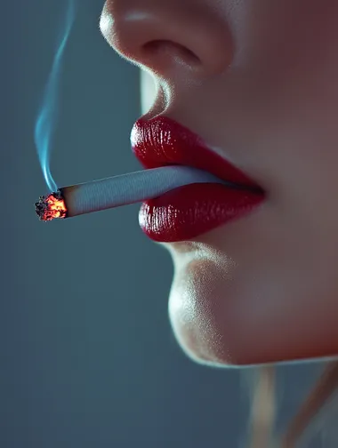Fine detail looking down the lens Smooth skin texture Photography Minimalist grey background Masterpiece girl's side face lips peeking from the center Close-up a lit Marlboro cigarette cigarette is a flaming downstroke gesture creating the illusion of three-dimensional space and depth Red lip color stands out against a bright canvas high contrast HD 8K light and shadow To create visual interest a subtle shadow effect is used on one side in realistic high quality