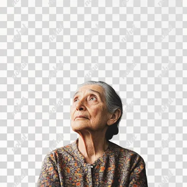 A minimalistic design featuring an elderly woman with a thoughtful expression, looking slightly upward and to the right. She has deep wrinkles, gray hair tied back, and is wearing a patterned blouse. The background is completely white, making her the central focus of the image. The overall composition is simple, with the woman and the text being the primary elements, creating a clean and focused visual.