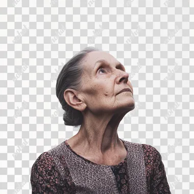 A minimalistic design featuring an elderly woman with a thoughtful expression, looking slightly upward and to the right. She has deep wrinkles, gray hair tied back, and is wearing a patterned blouse. The background is completely white, making her the central focus of the image. The overall composition is simple, with the woman and the text being the primary elements, creating a clean and focused visual.