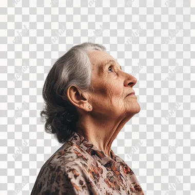A minimalistic design featuring an elderly woman with a thoughtful expression, looking slightly upward and to the right. She has deep wrinkles, gray hair tied back, and is wearing a patterned blouse. The background is completely white, making her the central focus of the image. The overall composition is simple, with the woman and the text being the primary elements, creating a clean and focused visual.
