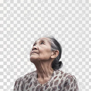 A minimalistic design featuring an elderly woman with a thoughtful expression, looking slightly upward and to the right. She has deep wrinkles, gray hair tied back, and is wearing a patterned blouse. The background is completely white, making her the central focus of the image. The overall composition is simple, with the woman and the text being the primary elements, creating a clean and focused visual.