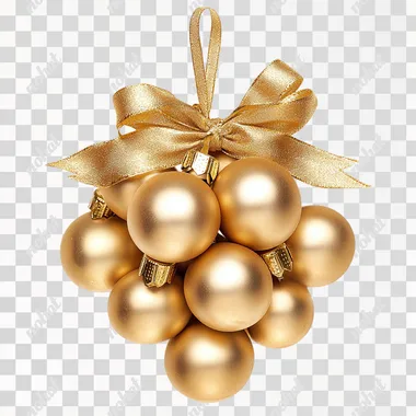 photographic image of a cluster of gold decorative Christmas balls tied together with ribbon and bow reminiscent of grapes, no background