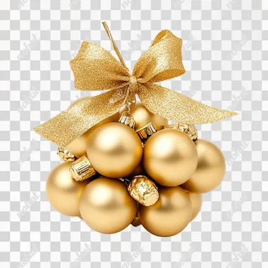 photographic image of a cluster of gold decorative Christmas balls tied together with ribbon and bow reminiscent of grapes, no background