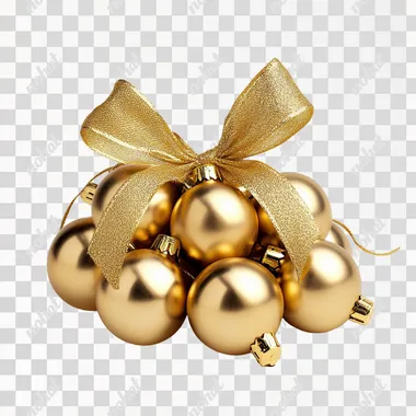photographic image of a cluster of gold decorative Christmas balls tied together with ribbon and bow reminiscent of grapes, no background
