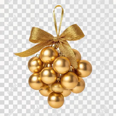 photographic image of a cluster of gold decorative Christmas balls tied together with ribbon and bow reminiscent of grapes, no background