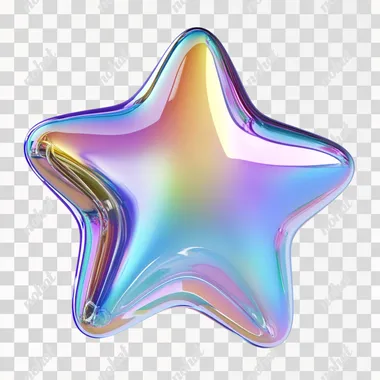 single 3d, high gloss, iridescent rainbow chrome rounded bubble-style STAR, with sharp corners on a white background, straight on, floating
