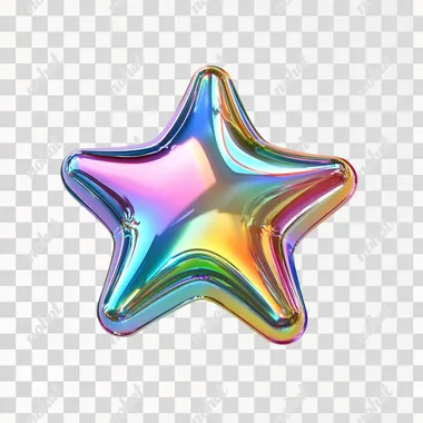 single 3d, high gloss, iridescent rainbow chrome rounded bubble-style STAR, with sharp corners on a white background, straight on, floating