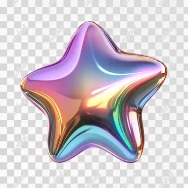 single 3d, high gloss, iridescent rainbow chrome rounded bubble-style STAR, with sharp corners on a white background, straight on, floating