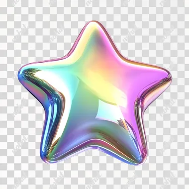 single 3d, high gloss, iridescent rainbow chrome rounded bubble-style STAR, with sharp corners on a white background, straight on, floating