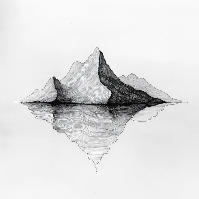 Minimalist Line Drawing of Mountains and Water in Black and White
