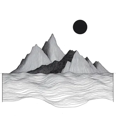 Black and white minimalist mountain and water line drawing