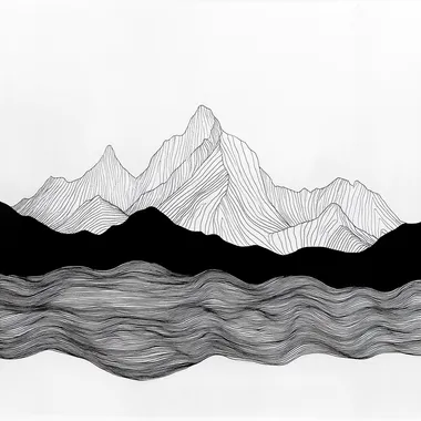 Black and white minimalist mountain and water line drawing