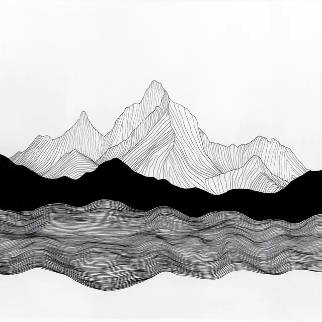 Minimalist Mountain and Water Line Drawing in Black and White