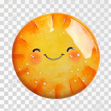 Cute, smiling sun, simple watercolor clipart on a white background with defined edges.