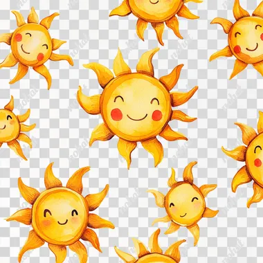 Cute, smiling sun, simple watercolor clipart on a white background with defined edges.
