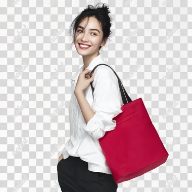 28yo Asian model in white cotton shirt + black tailored trousers holding matte crimson tote bag, 45-degree pose with Duchenne smile gazing lower-left, Nikon D810+105mm lens at F11 in D65 cyclorama studio, PhaseOne color science rendering fabric texture, pure white background for post-production rofile ivhosho