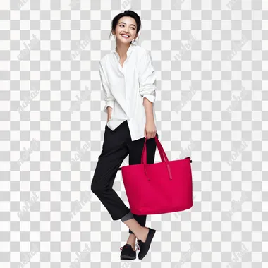 28yo Asian model in white cotton shirt + black tailored trousers holding matte crimson tote bag, 45-degree pose with Duchenne smile gazing lower-left, Nikon D810+105mm lens at F11 in D65 cyclorama studio, PhaseOne color science rendering fabric texture, pure white background for post-production rofile ivhosho
