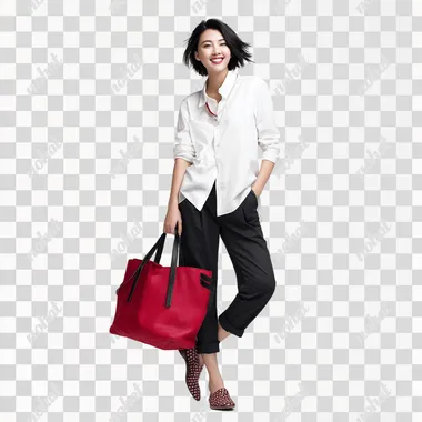 28yo Asian model in white cotton shirt + black tailored trousers holding matte crimson tote bag, 45-degree pose with Duchenne smile gazing lower-left, Nikon D810+105mm lens at F11 in D65 cyclorama studio, PhaseOne color science rendering fabric texture, pure white background for post-production rofile ivhosho