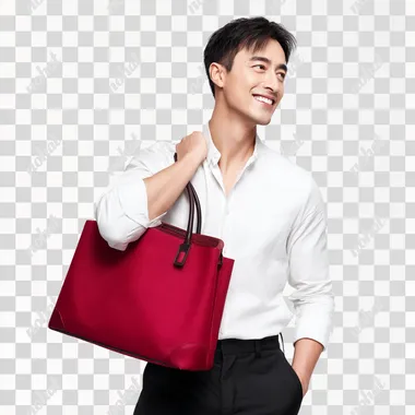 28yo Asian model in white cotton shirt + black tailored trousers holding matte crimson tote bag, 45-degree pose with Duchenne smile gazing lower-left, Nikon D810+105mm lens at F11 in D65 cyclorama studio, PhaseOne color science rendering fabric texture, pure white background for post-production rofile ivhosho