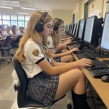 Side view of Jackie Evancho doing her homework at the high school's computer lab, crossing legs. Students are wearing matching white short-sleeve blouses with golden aiguillettes, epaulets and the school logo, dark plaid pleated skirts, black knee-high socks and black leather lace-up shoes.