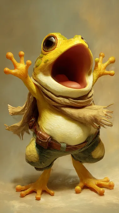 a humanoid cartoon fat tree frog, big expressive eyes, sticky toes, yellow smooth skin, comical pose, wide mouth open in a dramatic scream, wearing a tiny scarf or toolbelt, fantasy lighting, soft background, high detail, whimsical character design