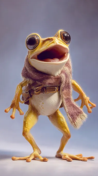 a humanoid cartoon fat tree frog, big expressive eyes, sticky toes, yellow smooth skin, comical pose, wide mouth open in a dramatic scream, wearing a tiny scarf or toolbelt, fantasy lighting, soft background, high detail, whimsical character design