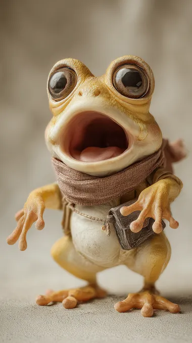 a humanoid cartoon fat tree frog, big expressive eyes, sticky toes, yellow smooth skin, comical pose, wide mouth open in a dramatic scream, wearing a tiny scarf or toolbelt, fantasy lighting, soft background, high detail, whimsical character design
