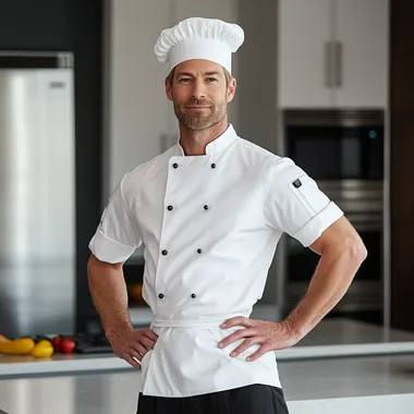 American male, 40 years old, blond hair, professional chef attire, standing in a modern kitchen. Wearing a white chef's coat, black pants, and a toque. Confident expression, hands on hips. Background: sleek, minimalist kitchen with stainless steel appliances and white cabinets.