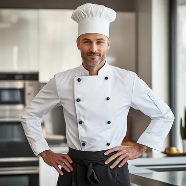 American male, 40 years old, blond hair, professional chef attire, standing in a modern kitchen. Wearing a white chef's coat, black pants, and a toque. Confident expression, hands on hips. Background: sleek, minimalist kitchen with stainless steel appliances and white cabinets.