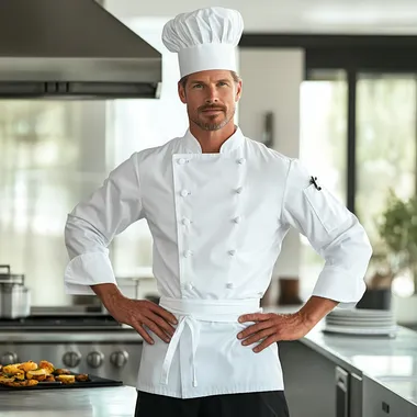 American male, 40 years old, blond hair, professional chef attire, standing in a modern kitchen. Wearing a white chef's coat, black pants, and a toque. Confident expression, hands on hips. Background: sleek, minimalist kitchen with stainless steel appliances and white cabinets.