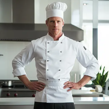 American male, 40 years old, blond hair, professional chef attire, standing in a modern kitchen. Wearing a white chef's coat, black pants, and a toque. Confident expression, hands on hips. Background: sleek, minimalist kitchen with stainless steel appliances and white cabinets.