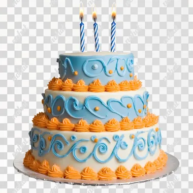 a birthday cake, 3 layers, blue, orange, isolated on white background